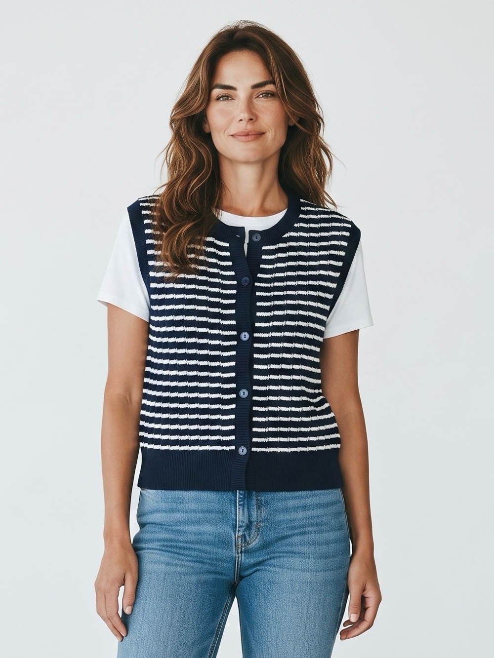 NWT New Elie Tahari Navy and White Striped Button Front Knit Vest Size M